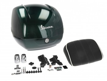 Baul 36L Vespa GTS, GTV, Super Verde Racing Sixties VY respaldo negro con borde blanco